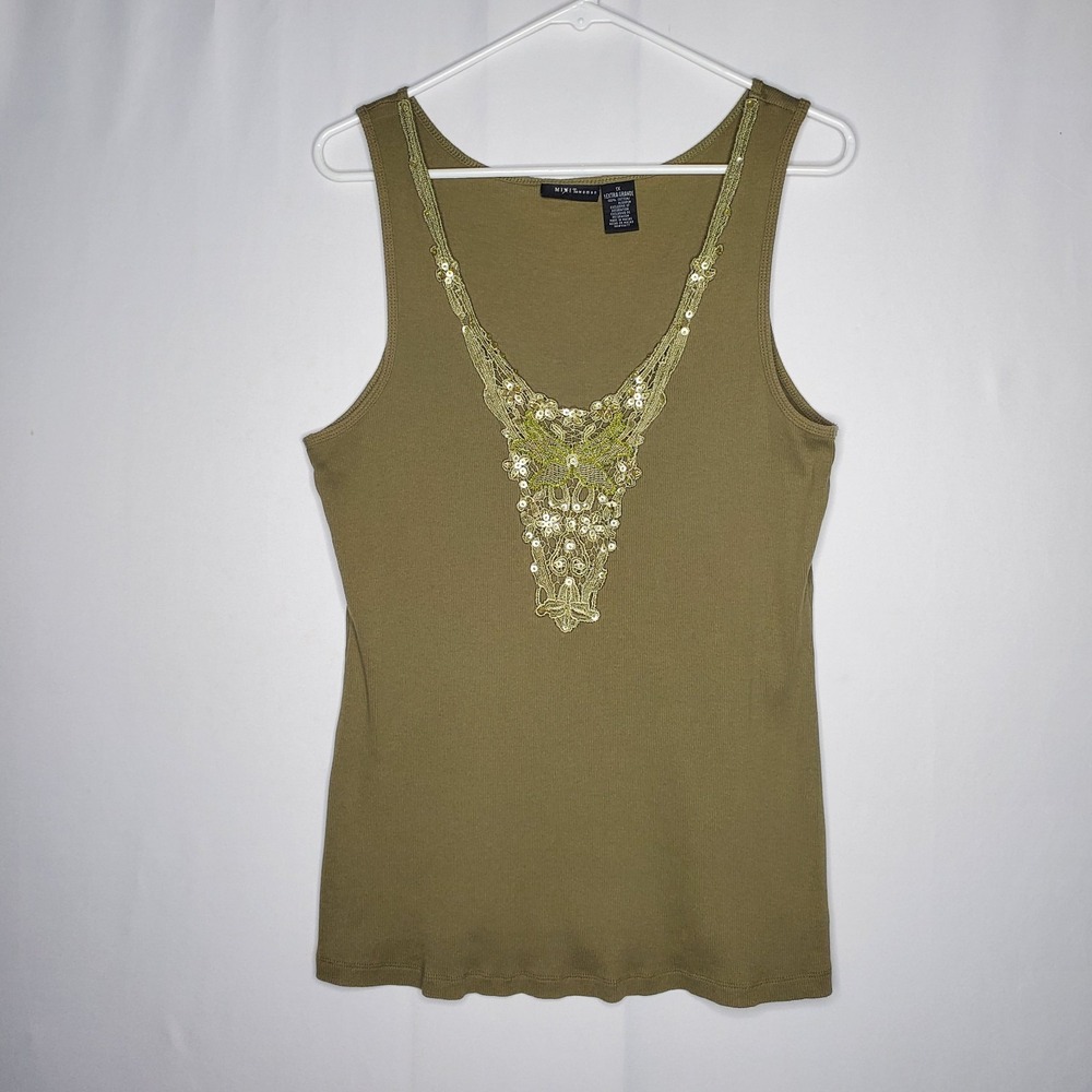 Mixit Beaded Crochet Lace Ribbed Tank Top Women 1X Green Grunge Forest Fairy